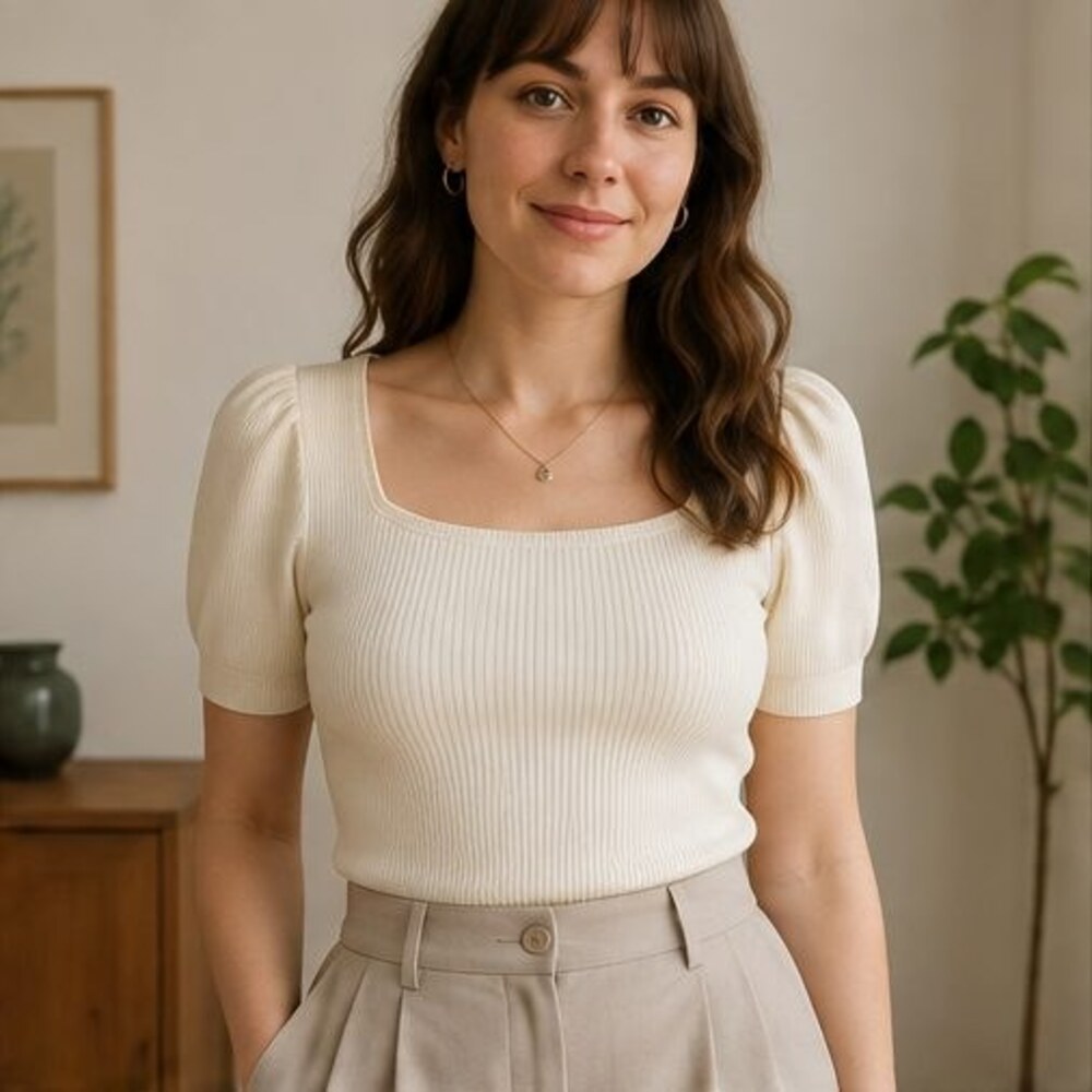 Ivory Ribbed Square Neck Top - Picture 2 of 6